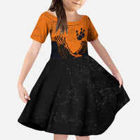 Flying Eagle Carrying Bowling Ball Family Matching Short Sleeve Bodycon Dress and Hawaiian Shirt with Grunge Orange and Black Splatter Design - Wonder Print Shop