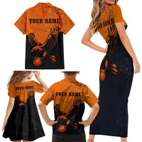 Flying Eagle Carrying Bowling Ball Family Matching Short Sleeve Bodycon Dress and Hawaiian Shirt with Grunge Orange and Black Splatter Design - Wonder Print Shop