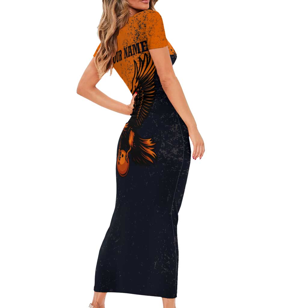 Flying Eagle Carrying Bowling Ball Family Matching Short Sleeve Bodycon Dress and Hawaiian Shirt with Grunge Orange and Black Splatter Design - Wonder Print Shop