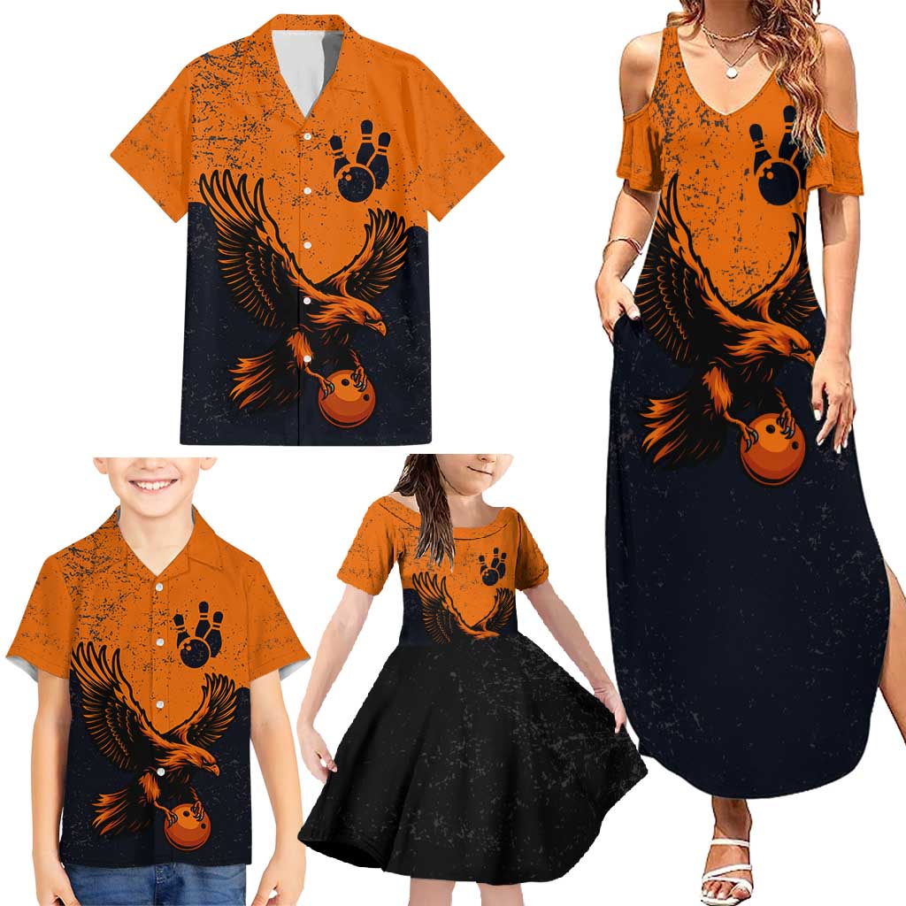 Flying Eagle Carrying Bowling Ball Family Matching Summer Maxi Dress and Hawaiian Shirt with Grunge Orange and Black Splatter Design - Wonder Print Shop