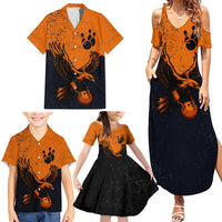 Flying Eagle Carrying Bowling Ball Family Matching Summer Maxi Dress and Hawaiian Shirt with Grunge Orange and Black Splatter Design - Wonder Print Shop
