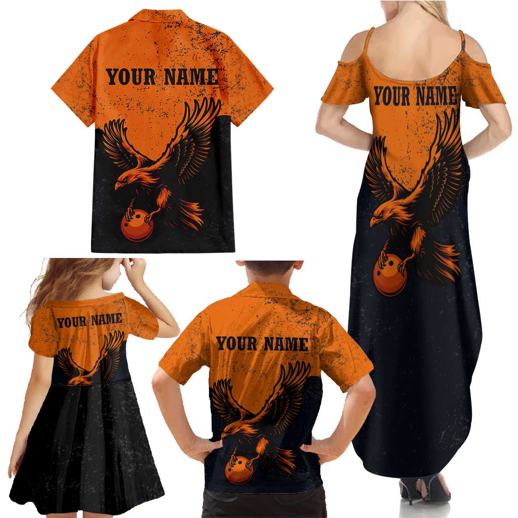 Flying Eagle Carrying Bowling Ball Family Matching Summer Maxi Dress and Hawaiian Shirt with Grunge Orange and Black Splatter Design - Wonder Print Shop