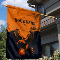 Flying Eagle Carrying Bowling Ball Garden Flag with Grunge Orange and Black Splatter Design - Wonder Print Shop