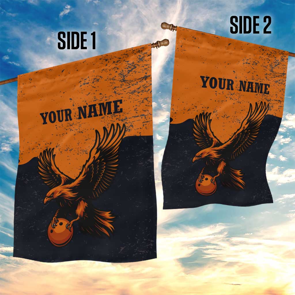 Flying Eagle Carrying Bowling Ball Garden Flag with Grunge Orange and Black Splatter Design - Wonder Print Shop