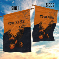 Flying Eagle Carrying Bowling Ball Garden Flag with Grunge Orange and Black Splatter Design - Wonder Print Shop