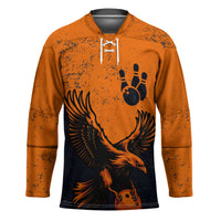 Flying Eagle Carrying Bowling Ball Hockey Jersey with Grunge Orange and Black Splatter Design - Wonder Print Shop