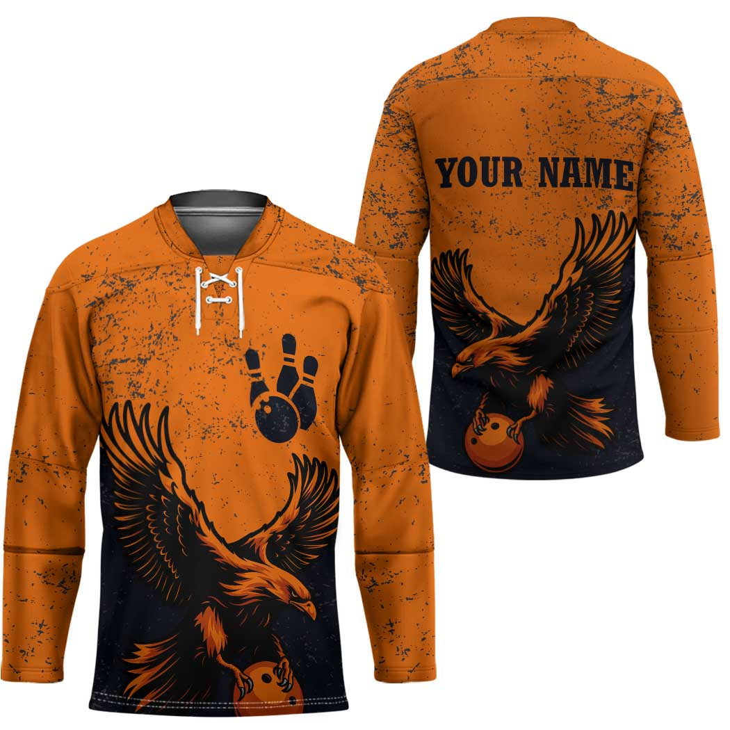 Flying Eagle Carrying Bowling Ball Hockey Jersey with Grunge Orange and Black Splatter Design - Wonder Print Shop