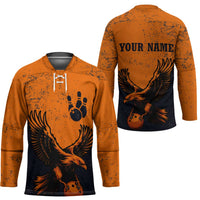 Flying Eagle Carrying Bowling Ball Hockey Jersey with Grunge Orange and Black Splatter Design - Wonder Print Shop