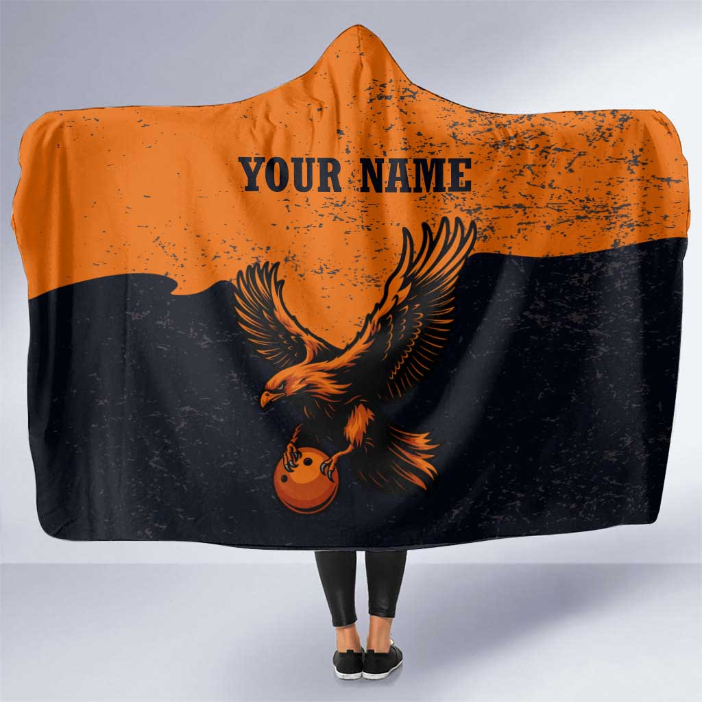 Flying Eagle Carrying Bowling Ball Hooded Blanket with Grunge Orange and Black Splatter Design - Wonder Print Shop