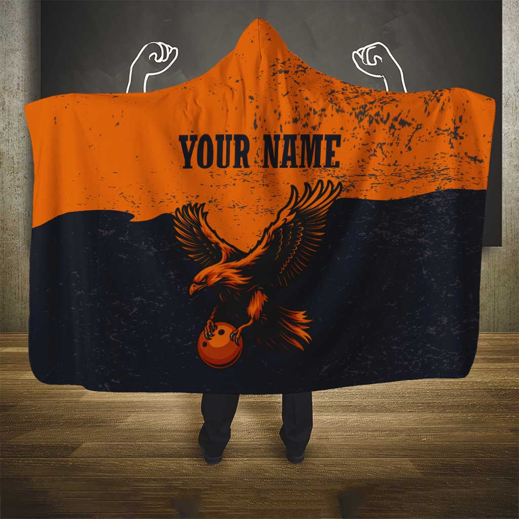 Flying Eagle Carrying Bowling Ball Hooded Blanket with Grunge Orange and Black Splatter Design - Wonder Print Shop