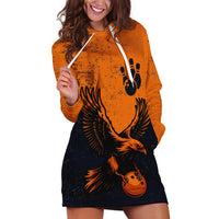 Flying Eagle Carrying Bowling Ball Hoodie Dress with Grunge Orange and Black Splatter Design - Wonder Print Shop