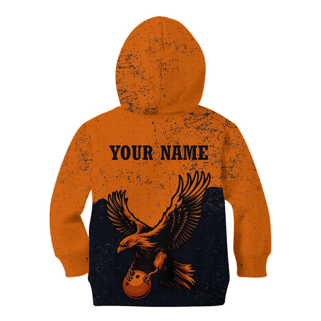 Flying Eagle Carrying Bowling Ball Kid Hoodie with Grunge Orange and Black Splatter Design - Wonder Print Shop