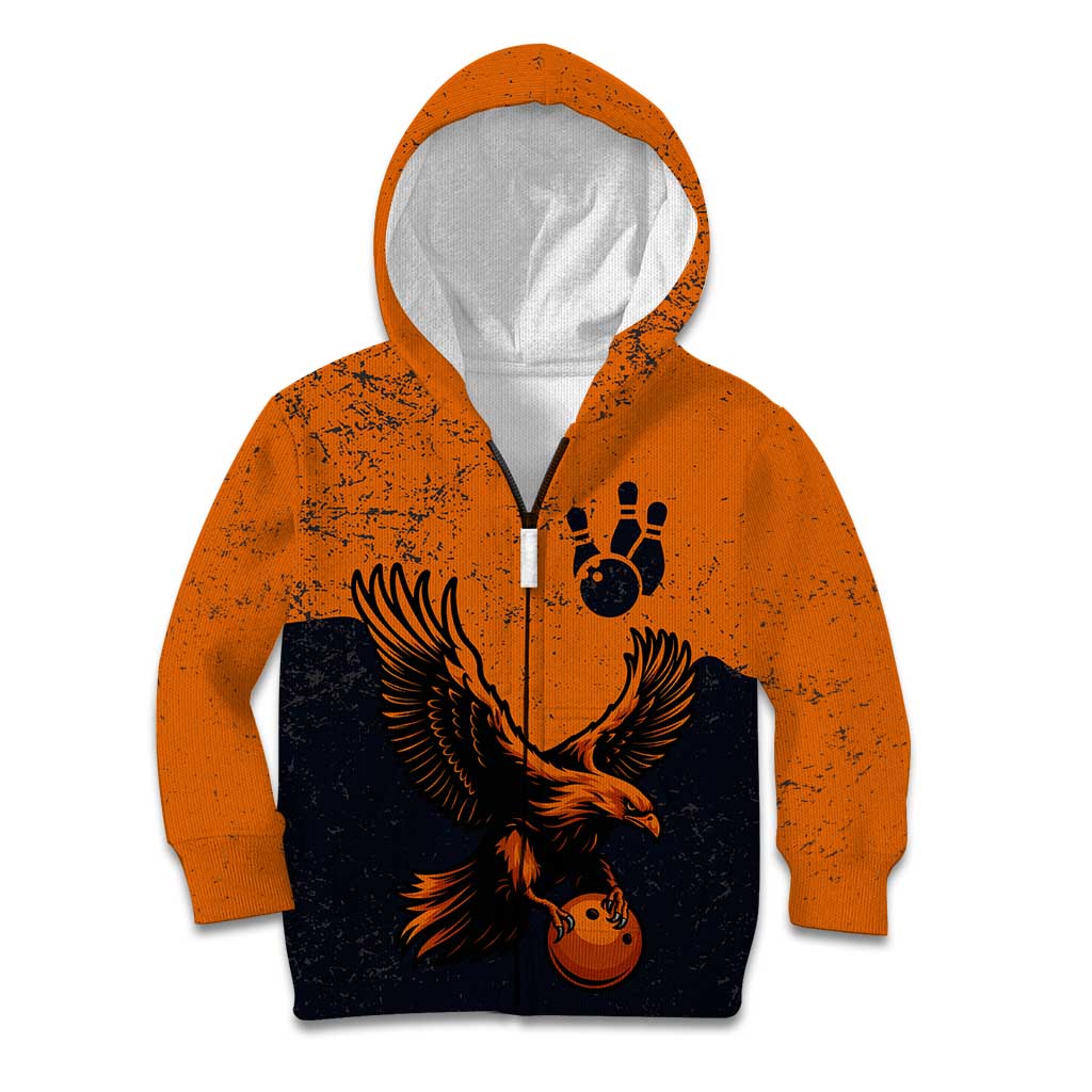 Flying Eagle Carrying Bowling Ball Kid Hoodie with Grunge Orange and Black Splatter Design - Wonder Print Shop