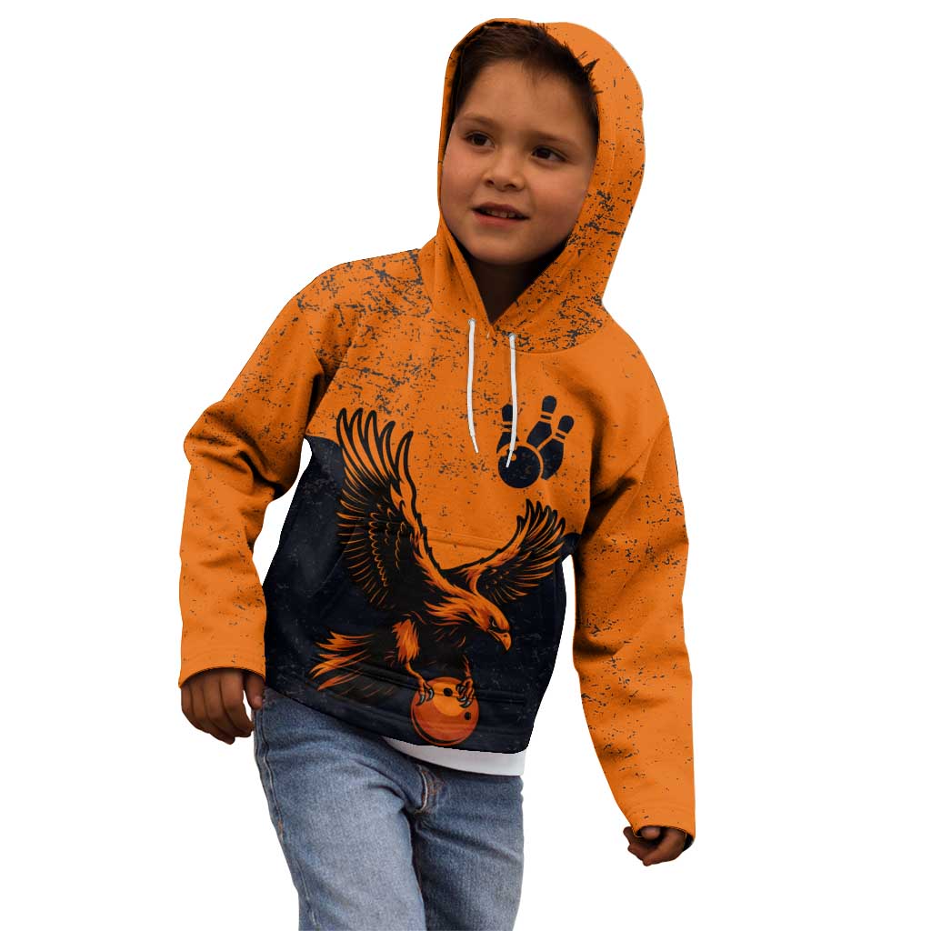 Flying Eagle Carrying Bowling Ball Kid Hoodie with Grunge Orange and Black Splatter Design - Wonder Print Shop