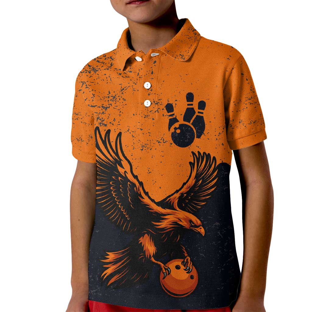 Flying Eagle Carrying Bowling Ball Kid Polo Shirt with Grunge Orange and Black Splatter Design - Wonder Print Shop