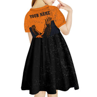 Flying Eagle Carrying Bowling Ball Kid Short Sleeve Dress with Grunge Orange and Black Splatter Design - Wonder Print Shop