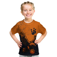 Flying Eagle Carrying Bowling Ball Kid T Shirt with Grunge Orange and Black Splatter Design - Wonder Print Shop