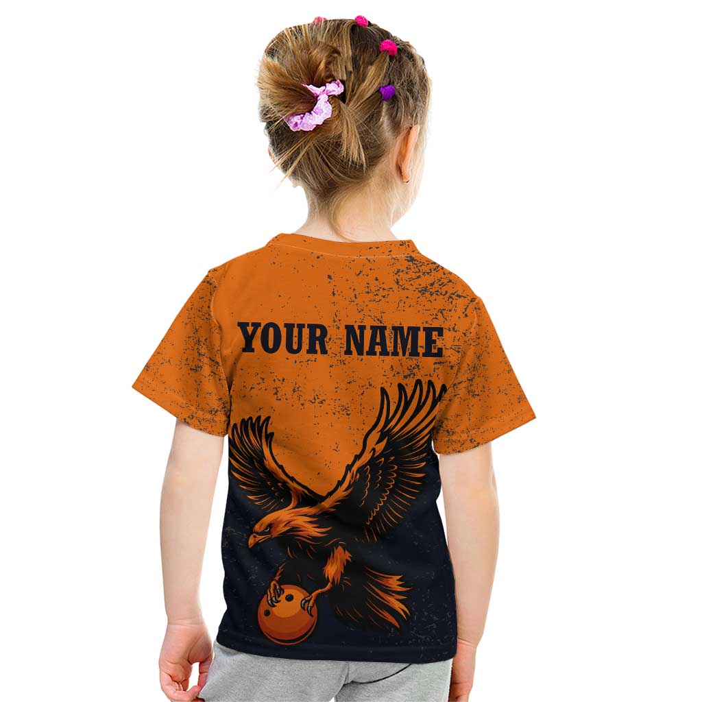 Flying Eagle Carrying Bowling Ball Kid T Shirt with Grunge Orange and Black Splatter Design - Wonder Print Shop