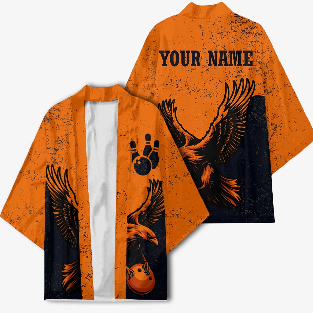 Flying Eagle Carrying Bowling Ball Kimono with Grunge Orange and Black Splatter Design - Wonder Print Shop