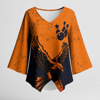 Flying Eagle Carrying Bowling Ball Kimono Sleeve Blouse with Grunge Orange and Black Splatter Design - Wonder Print Shop