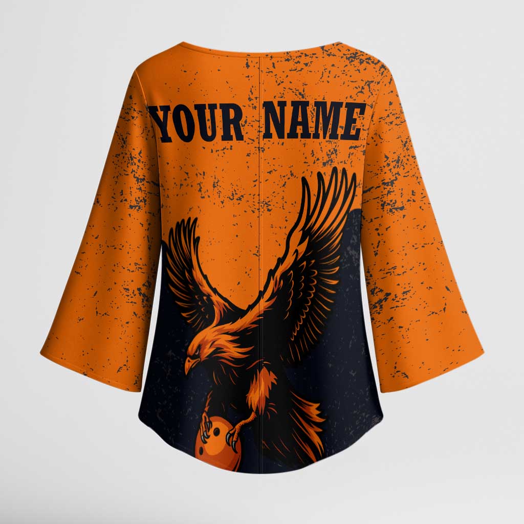 Flying Eagle Carrying Bowling Ball Kimono Sleeve Blouse with Grunge Orange and Black Splatter Design - Wonder Print Shop