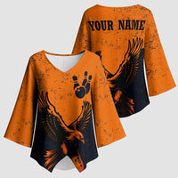 Flying Eagle Carrying Bowling Ball Kimono Sleeve Blouse with Grunge Orange and Black Splatter Design - Wonder Print Shop