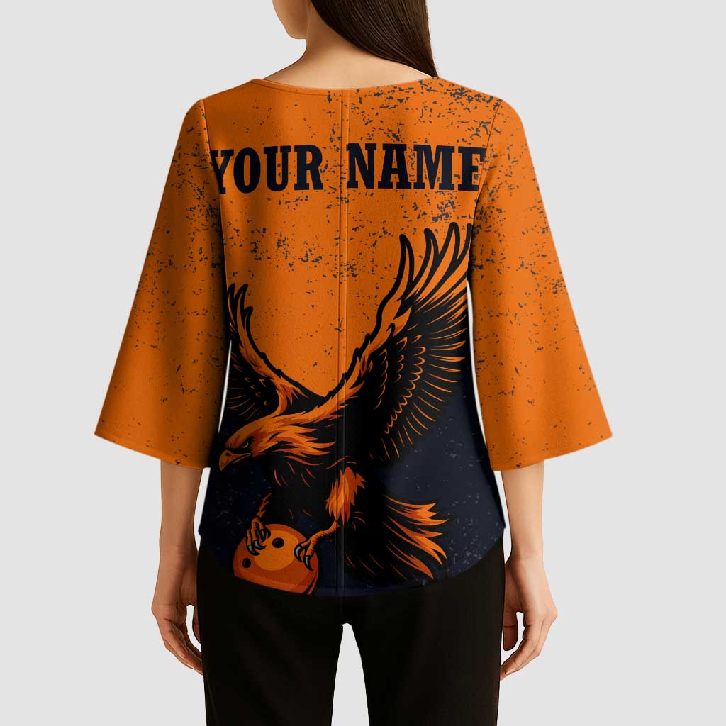 Flying Eagle Carrying Bowling Ball Kimono Sleeve Blouse with Grunge Orange and Black Splatter Design - Wonder Print Shop