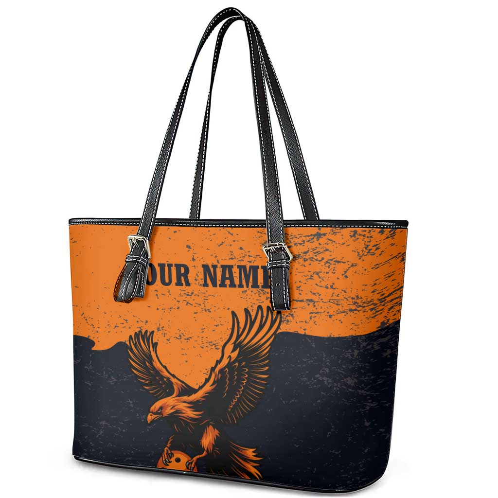 Flying Eagle Carrying Bowling Ball Leather Tote Bag with Grunge Orange and Black Splatter Design - Wonder Print Shop
