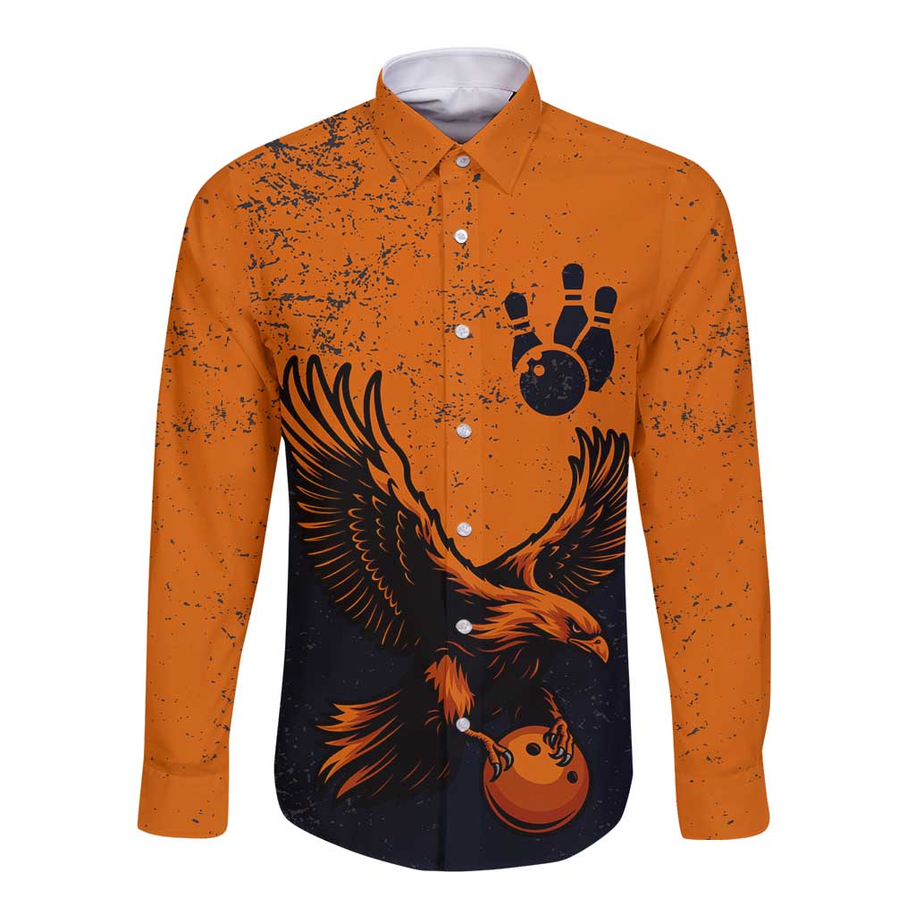 Flying Eagle Carrying Bowling Ball Long Sleeve Button Shirt with Grunge Orange and Black Splatter Design - Wonder Print Shop
