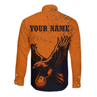 Flying Eagle Carrying Bowling Ball Long Sleeve Button Shirt with Grunge Orange and Black Splatter Design - Wonder Print Shop