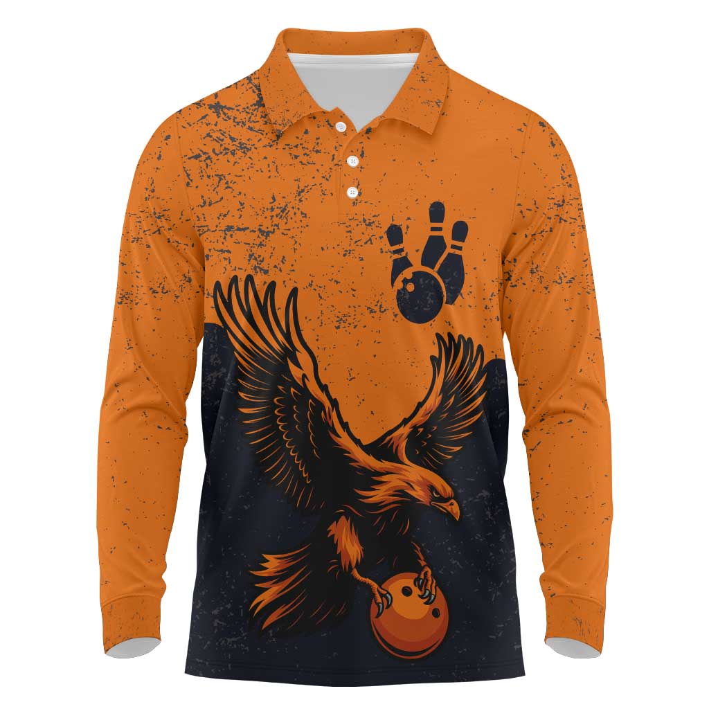 Flying Eagle Carrying Bowling Ball Long Sleeve Polo Shirt with Grunge Orange and Black Splatter Design - Wonder Print Shop