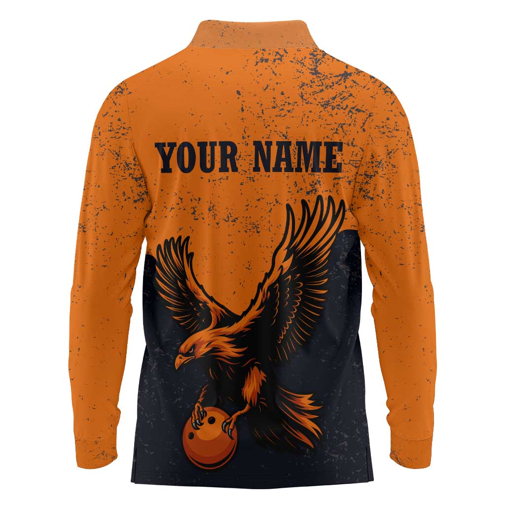 Flying Eagle Carrying Bowling Ball Long Sleeve Polo Shirt with Grunge Orange and Black Splatter Design - Wonder Print Shop