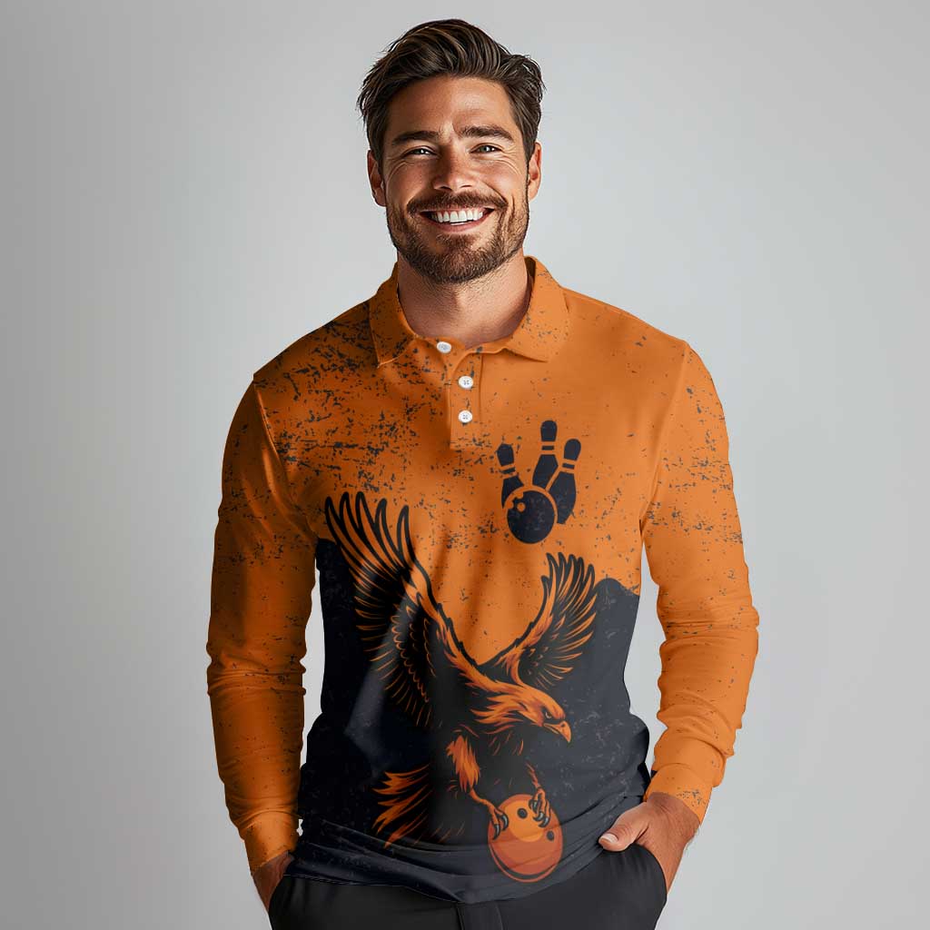 Flying Eagle Carrying Bowling Ball Long Sleeve Polo Shirt with Grunge Orange and Black Splatter Design - Wonder Print Shop