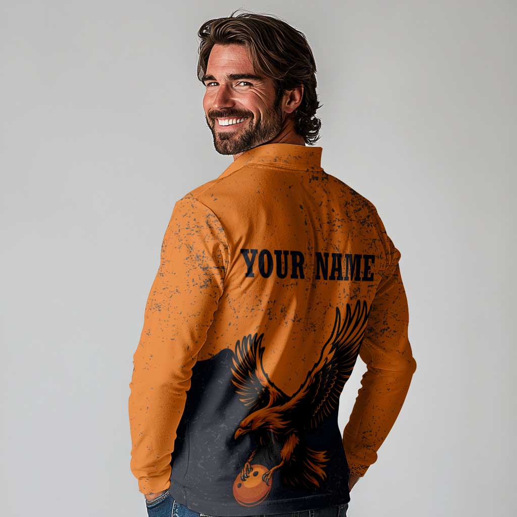Flying Eagle Carrying Bowling Ball Long Sleeve Polo Shirt with Grunge Orange and Black Splatter Design - Wonder Print Shop