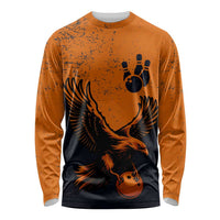 Flying Eagle Carrying Bowling Ball Long Sleeve Shirt with Grunge Orange and Black Splatter Design - Wonder Print Shop