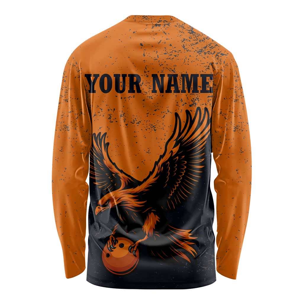 Flying Eagle Carrying Bowling Ball Long Sleeve Shirt with Grunge Orange and Black Splatter Design - Wonder Print Shop