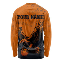 Flying Eagle Carrying Bowling Ball Long Sleeve Shirt with Grunge Orange and Black Splatter Design - Wonder Print Shop