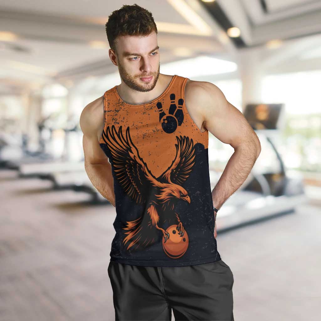 Flying Eagle Carrying Bowling Ball Men Tank Top with Grunge Orange and Black Splatter Design - Wonder Print Shop