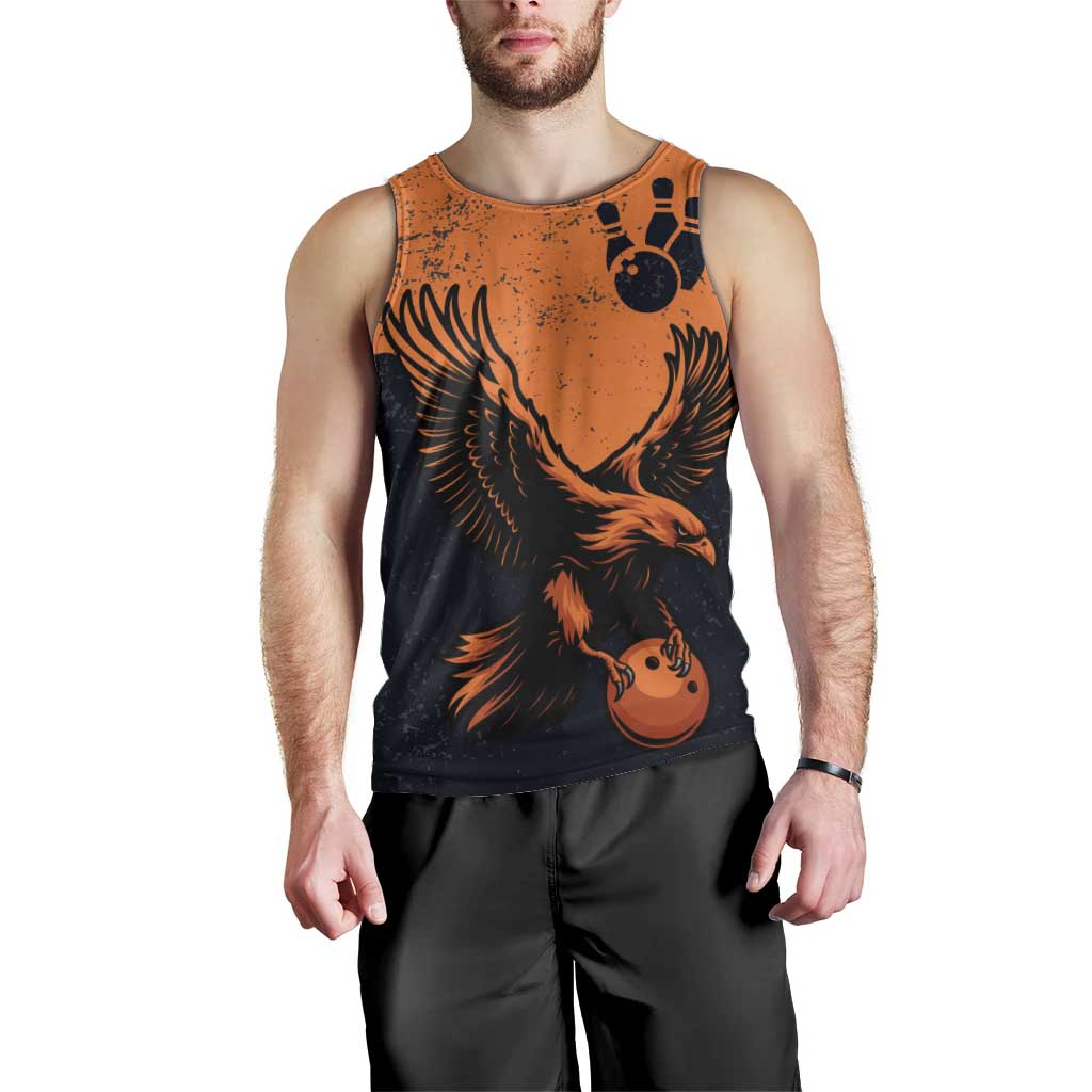 Flying Eagle Carrying Bowling Ball Men Tank Top with Grunge Orange and Black Splatter Design - Wonder Print Shop
