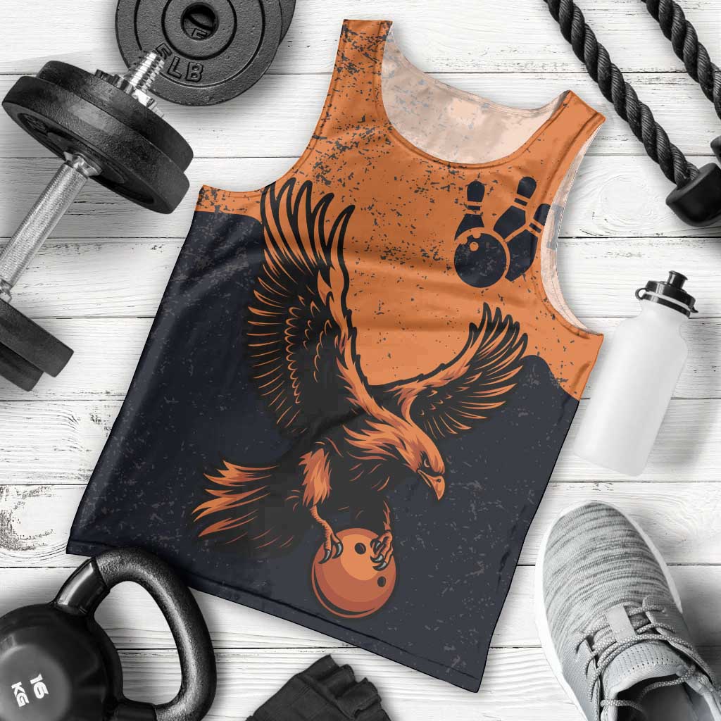 Flying Eagle Carrying Bowling Ball Men Tank Top with Grunge Orange and Black Splatter Design - Wonder Print Shop