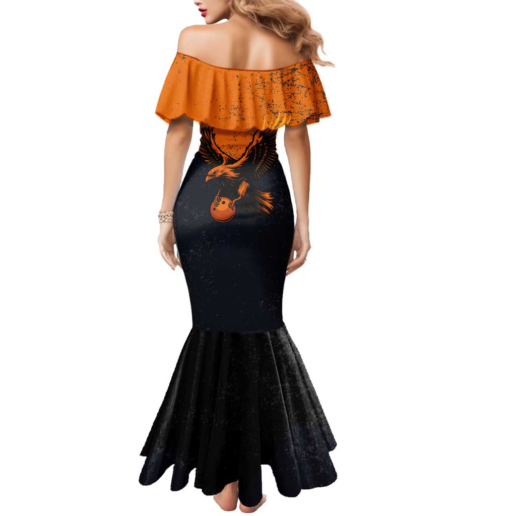 Flying Eagle Carrying Bowling Ball Mermaid Dress with Grunge Orange and Black Splatter Design - Wonder Print Shop