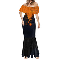 Flying Eagle Carrying Bowling Ball Mermaid Dress with Grunge Orange and Black Splatter Design - Wonder Print Shop