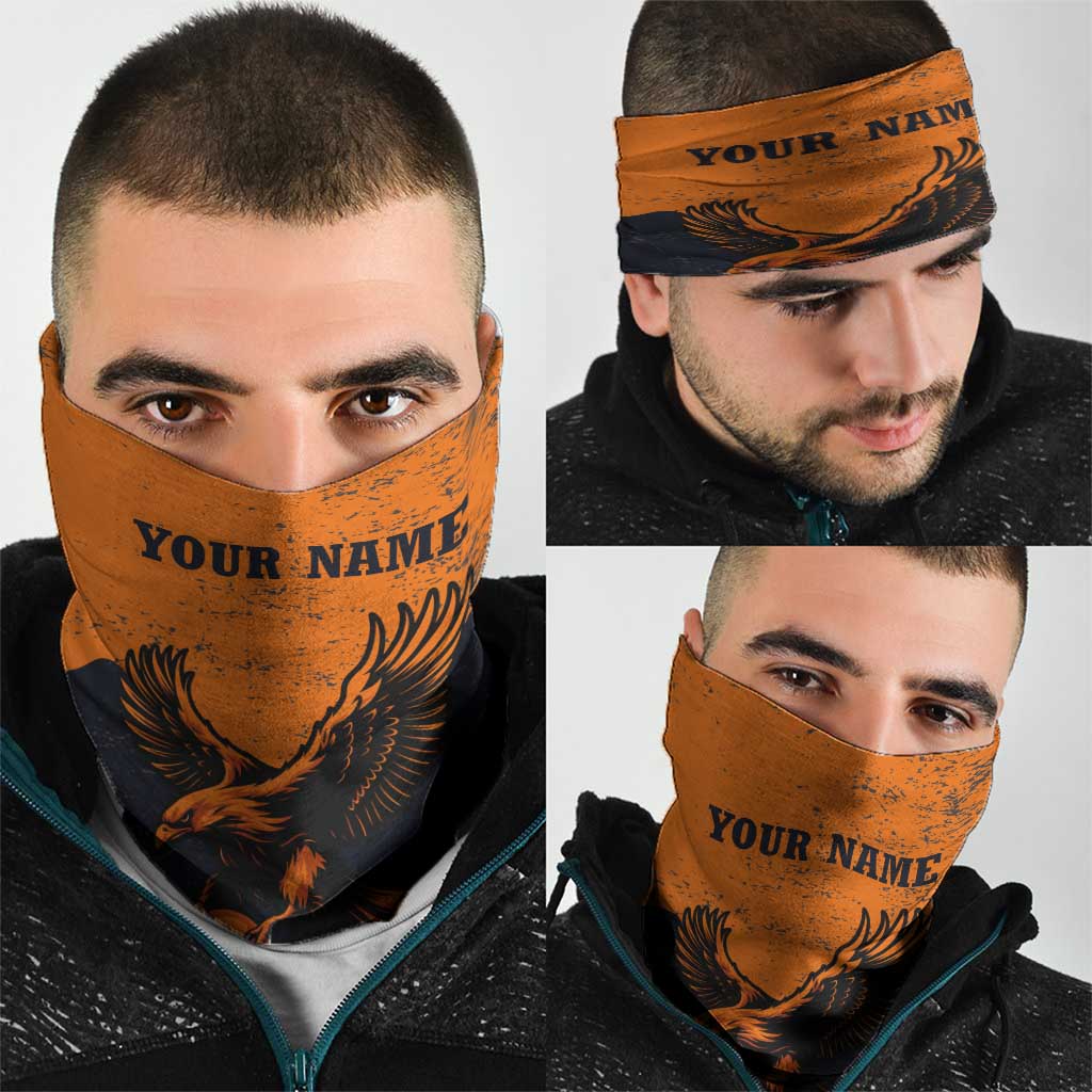 Flying Eagle Carrying Bowling Ball Neck Gaiter with Grunge Orange and Black Splatter Design - Wonder Print Shop