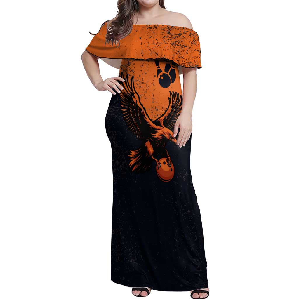 Flying Eagle Carrying Bowling Ball Off Shoulder Maxi Dress with Grunge Orange and Black Splatter Design - Wonder Print Shop