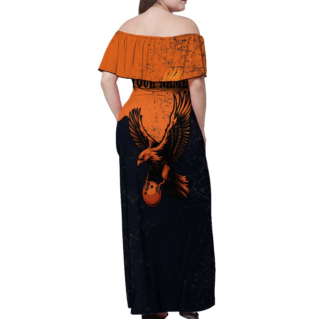 Flying Eagle Carrying Bowling Ball Off Shoulder Maxi Dress with Grunge Orange and Black Splatter Design - Wonder Print Shop