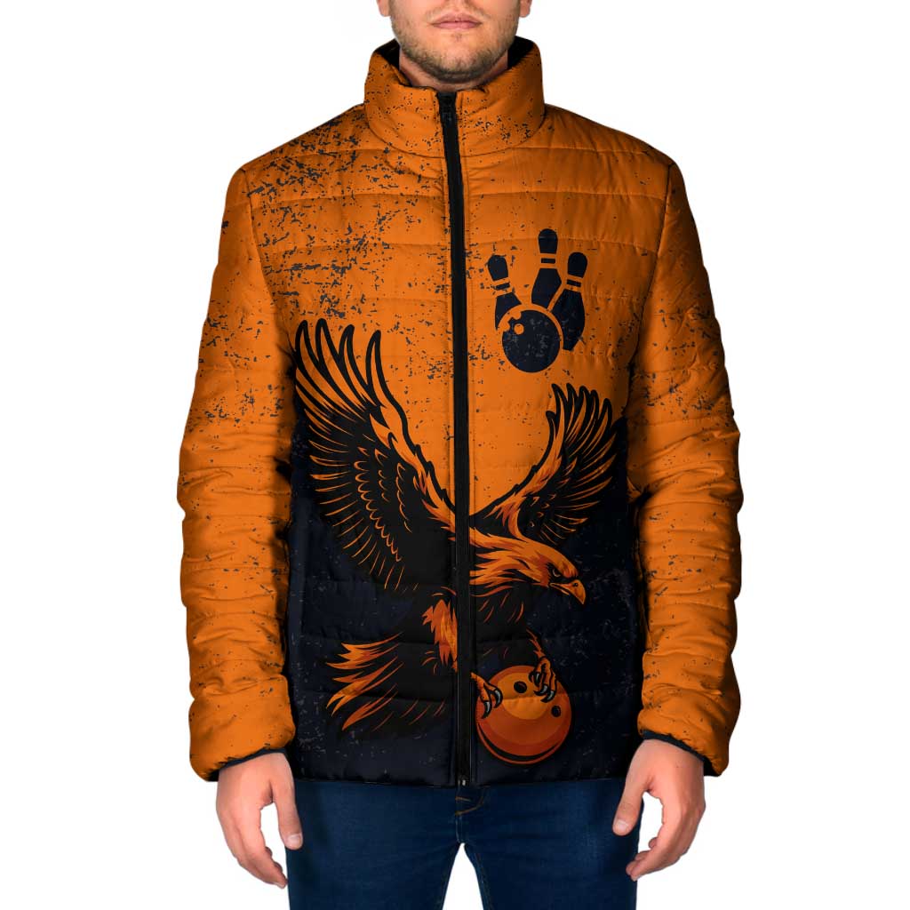Flying Eagle Carrying Bowling Ball Padded Jacket with Grunge Orange and Black Splatter Design - Wonder Print Shop
