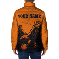 Flying Eagle Carrying Bowling Ball Padded Jacket with Grunge Orange and Black Splatter Design - Wonder Print Shop