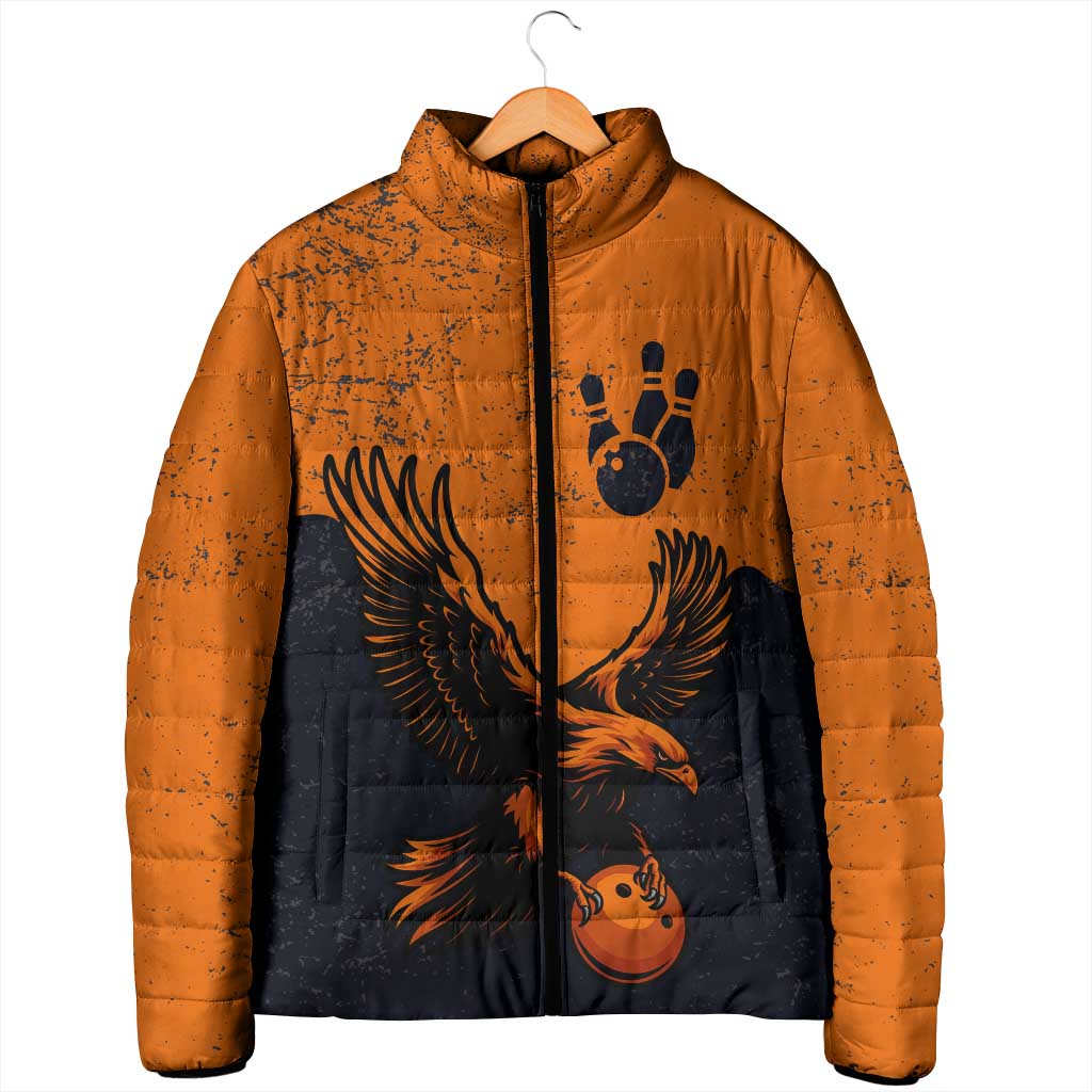 Flying Eagle Carrying Bowling Ball Padded Jacket with Grunge Orange and Black Splatter Design - Wonder Print Shop