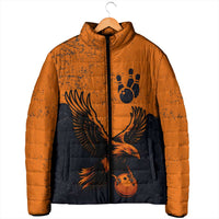 Flying Eagle Carrying Bowling Ball Padded Jacket with Grunge Orange and Black Splatter Design - Wonder Print Shop
