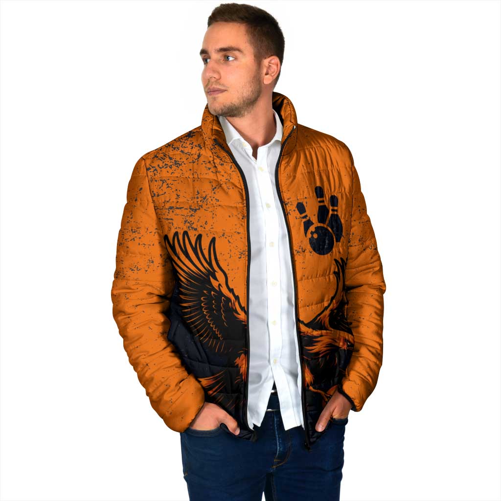 Flying Eagle Carrying Bowling Ball Padded Jacket with Grunge Orange and Black Splatter Design - Wonder Print Shop